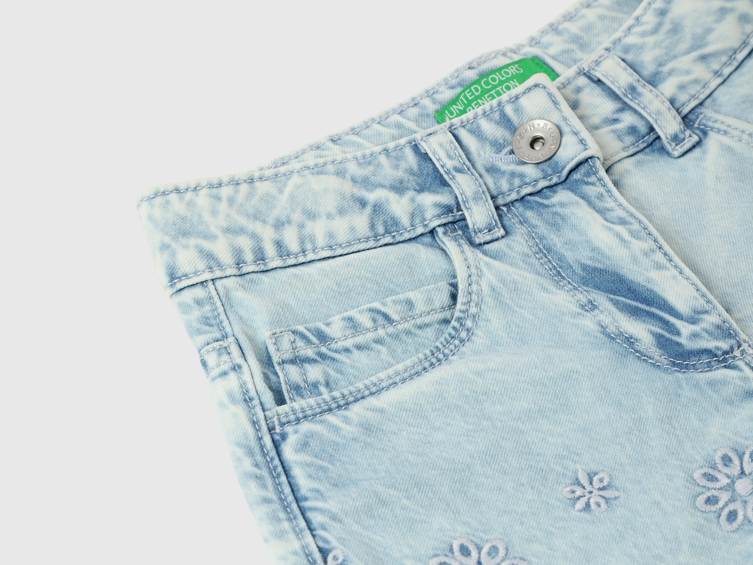 Schiffli Embroidered Regular Fit Denim Shorts