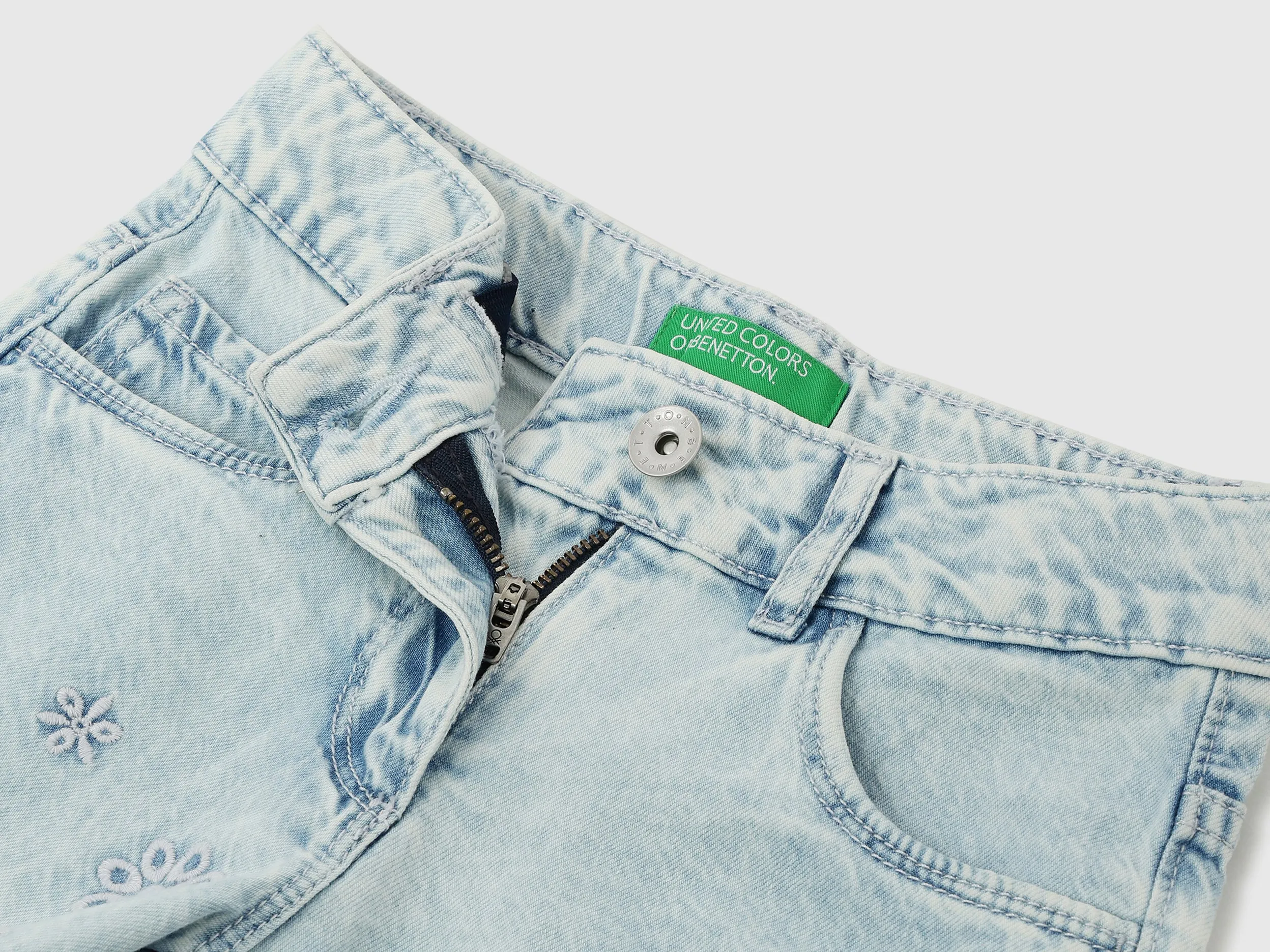 Schiffli Embroidered Regular Fit Denim Shorts