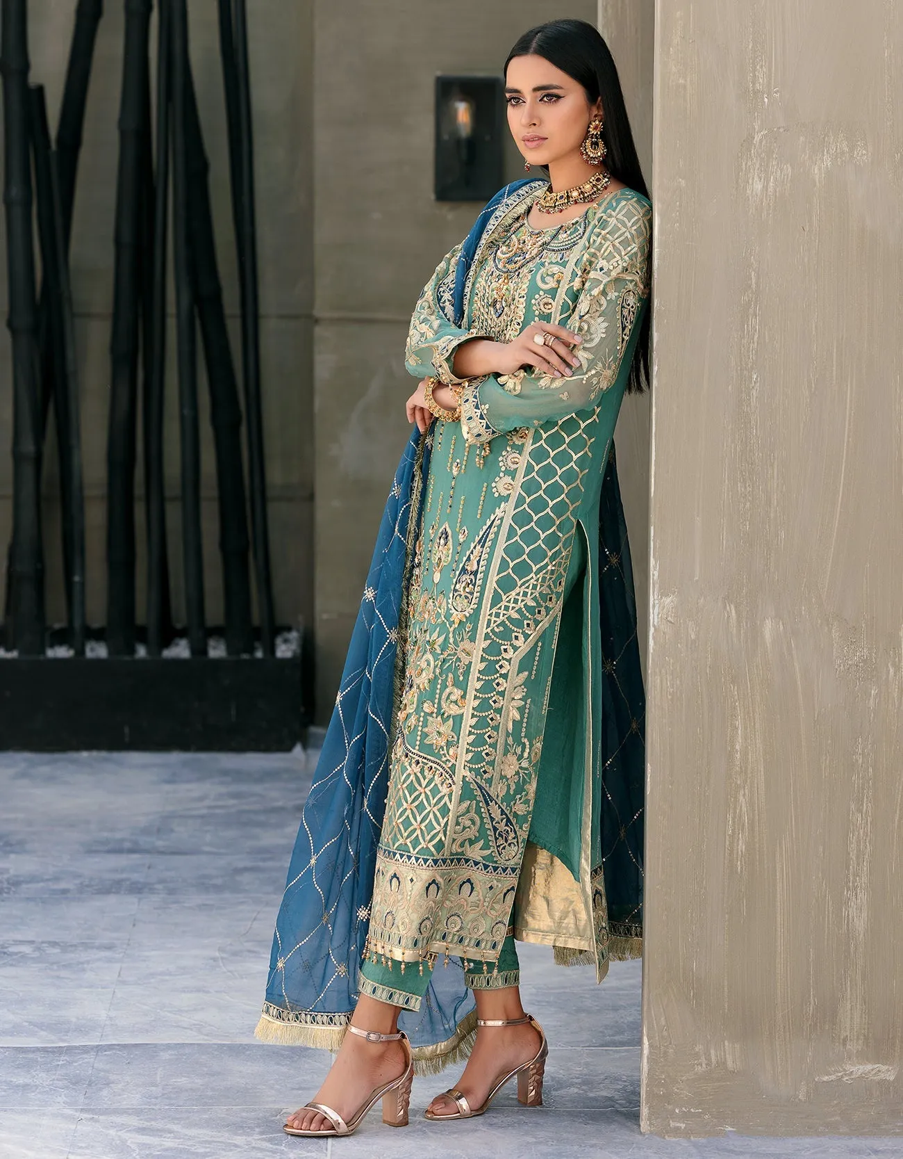 Sea Green Hand Embellished Pakistani Salwar Kameez Suit Blue Dupatta
