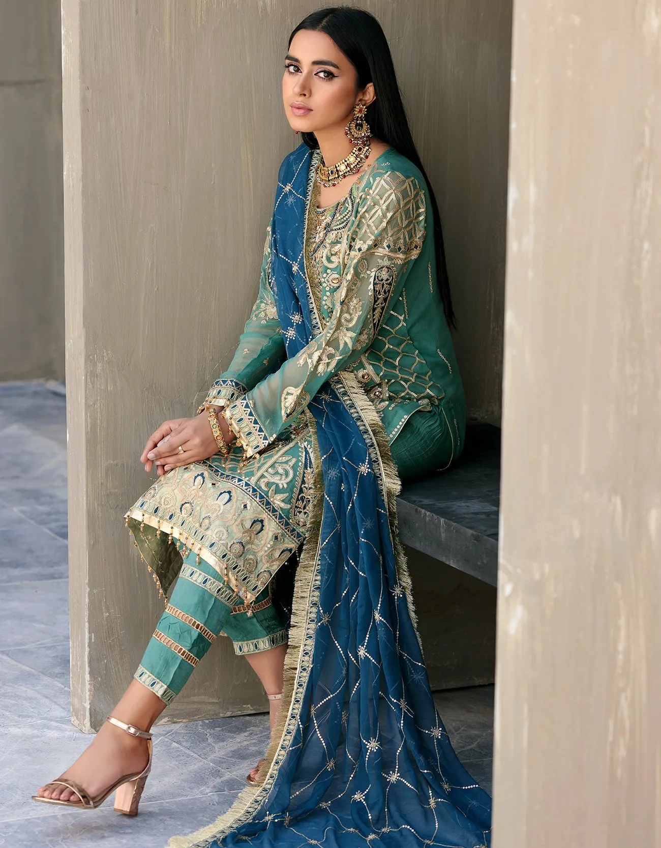 Sea Green Hand Embellished Pakistani Salwar Kameez Suit Blue Dupatta