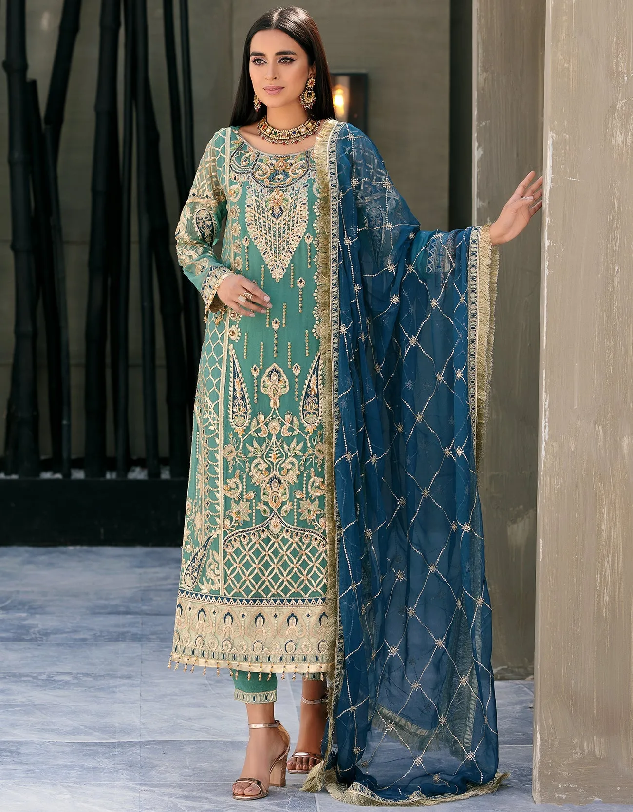 Sea Green Hand Embellished Pakistani Salwar Kameez Suit Blue Dupatta