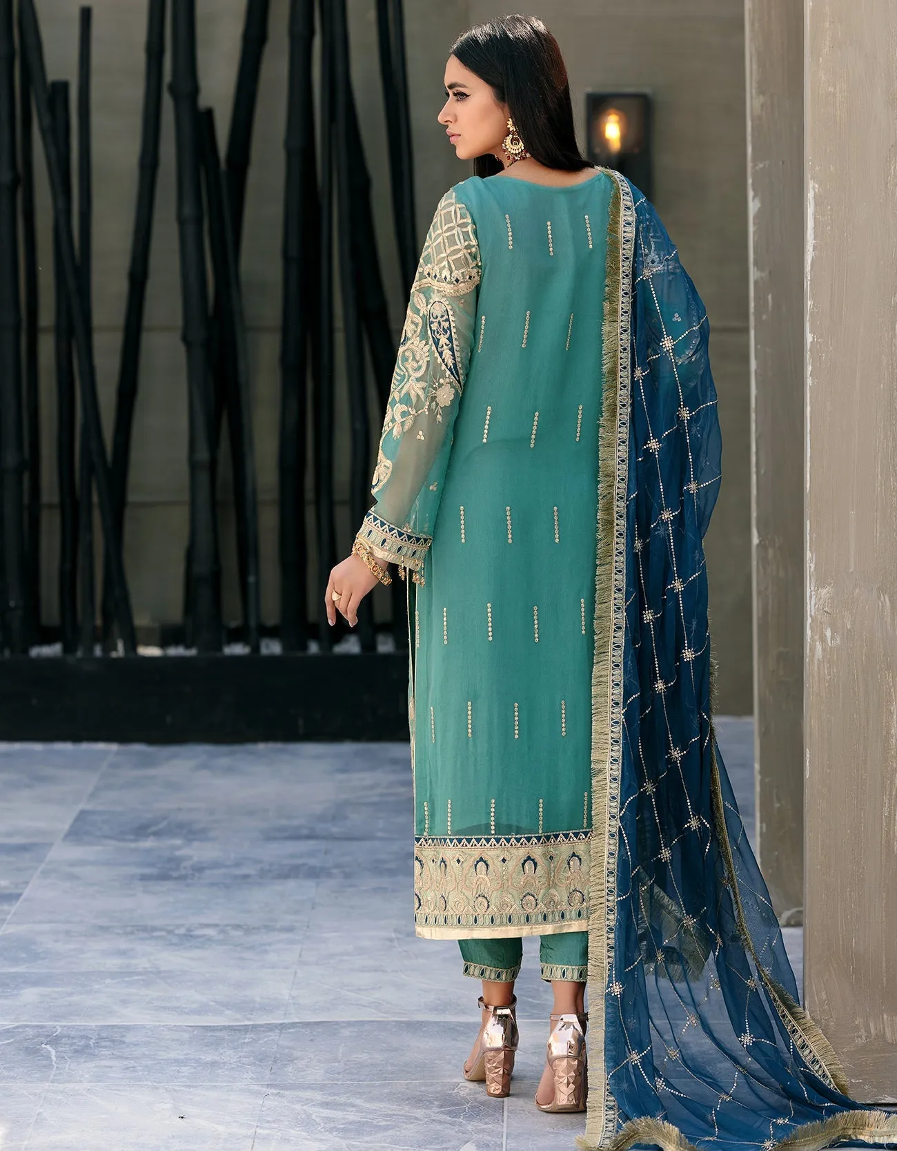 Sea Green Hand Embellished Pakistani Salwar Kameez Suit Blue Dupatta