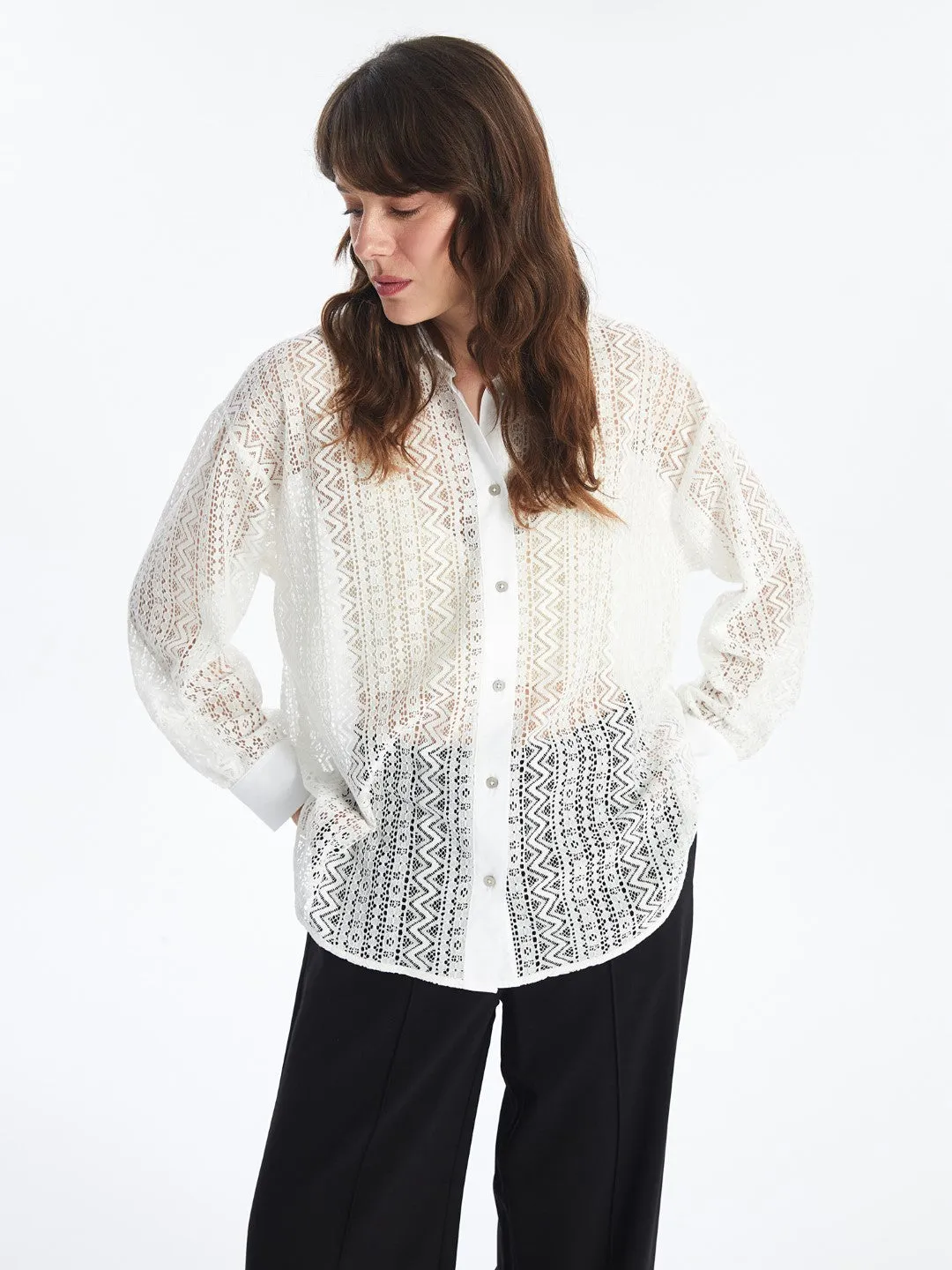 Self-Patterned Long Sleeve Oversize Women's Shirt