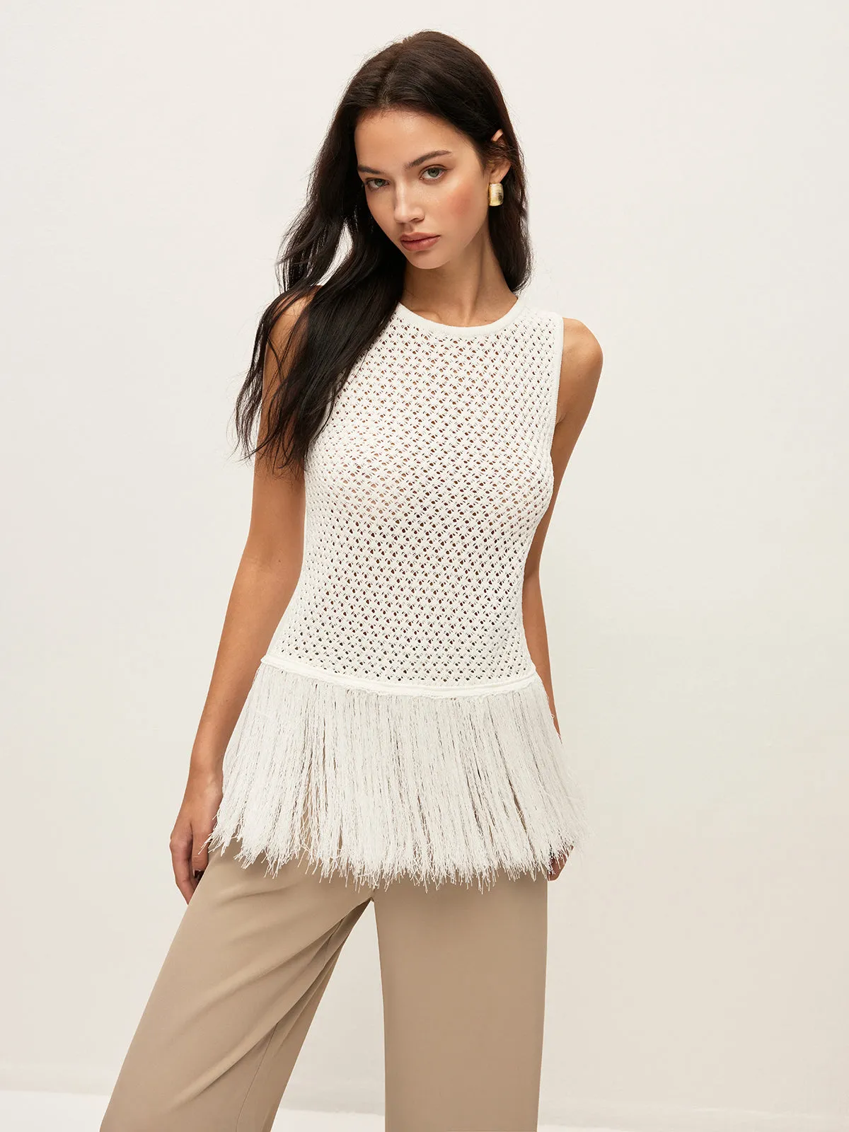 Semi-Sheer Knit Vest With Fringe Hem