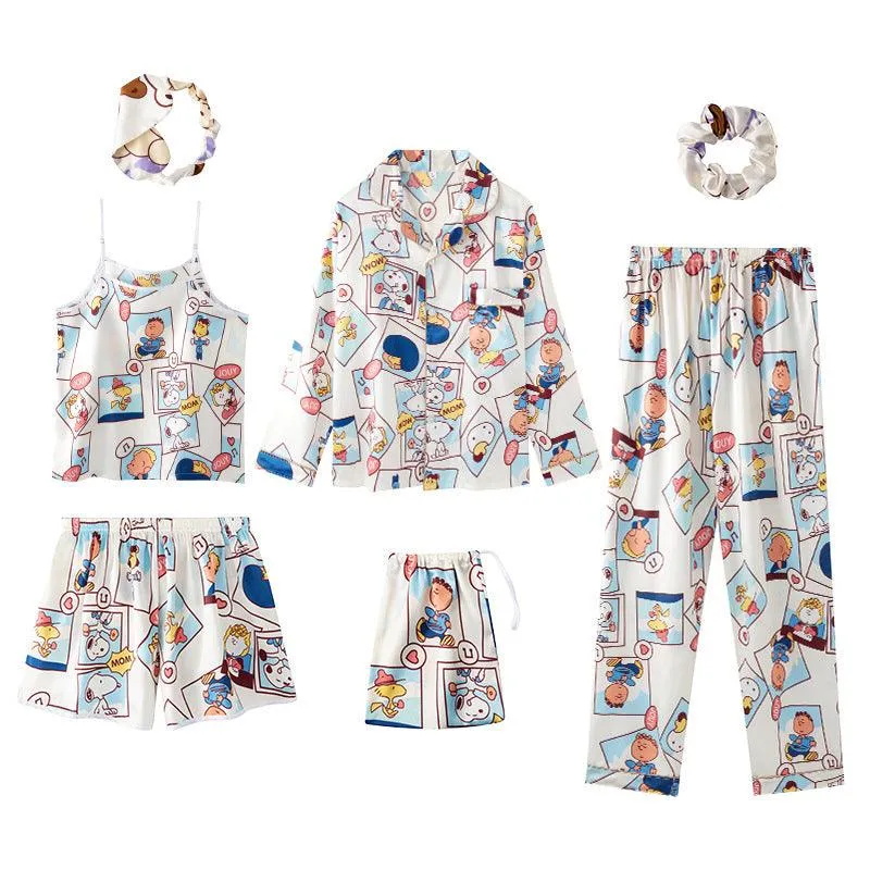 Seven-Piece Pajamas Simulation Silk Long-Sleeved Cardigan Spring And Autumn Set