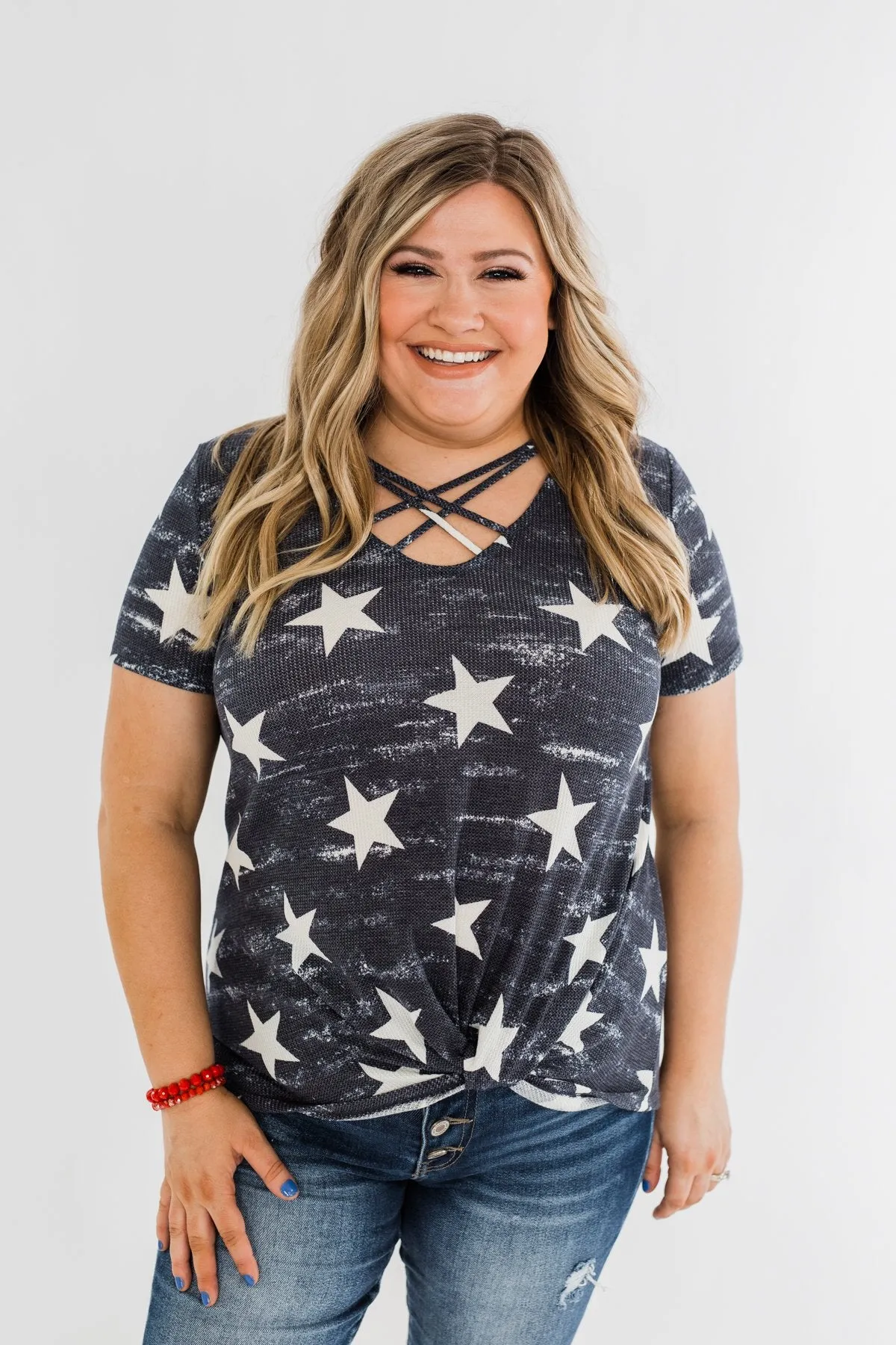 Share The Spirit Criss Cross Star Top- Navy