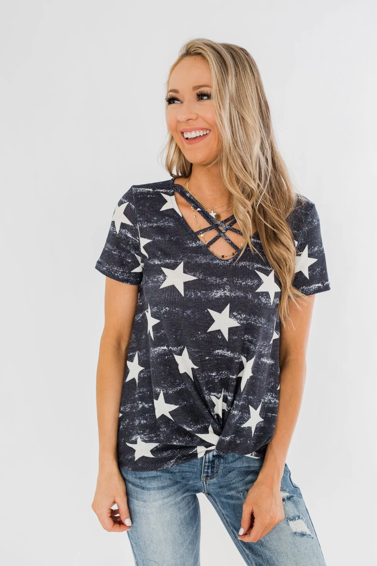 Share The Spirit Criss Cross Star Top- Navy