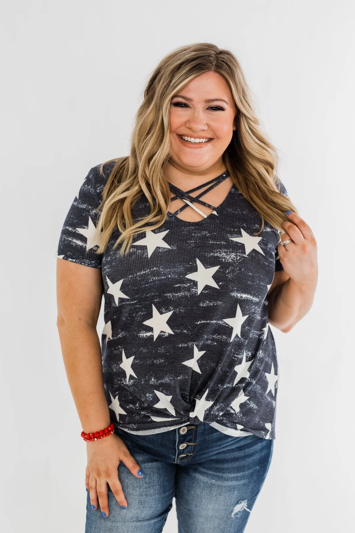 Share The Spirit Criss Cross Star Top- Navy