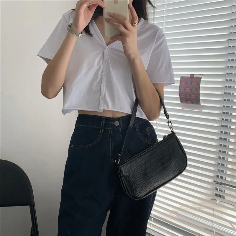 Short Sleeve V-Neck Slim Crop Tops