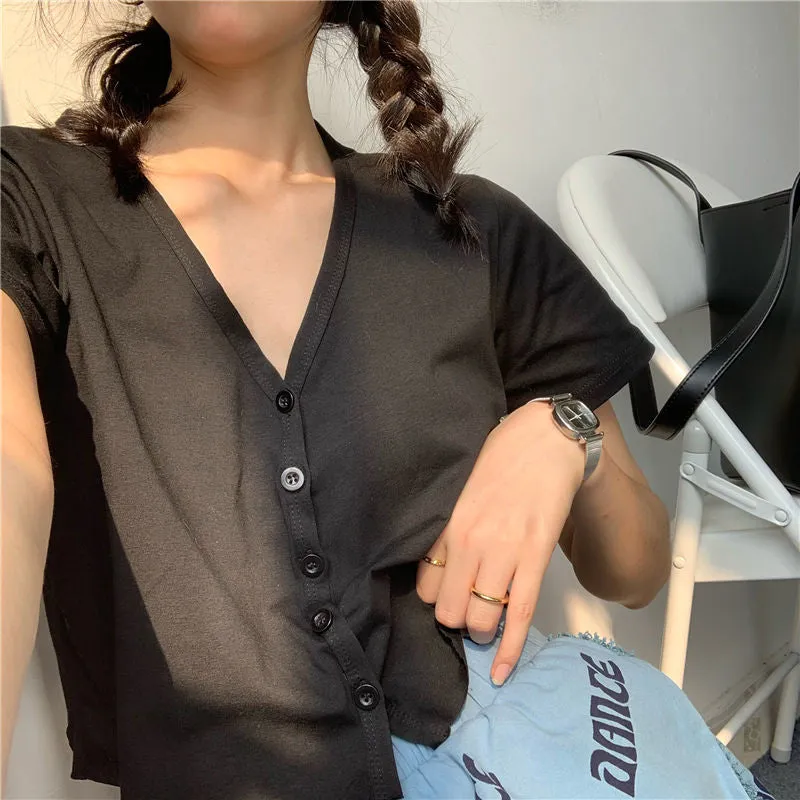 Short Sleeve V-Neck Slim Crop Tops