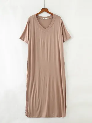 Simple Short Sleeves Loose Split-Side Solid Color V-Neck Pajamas Dress