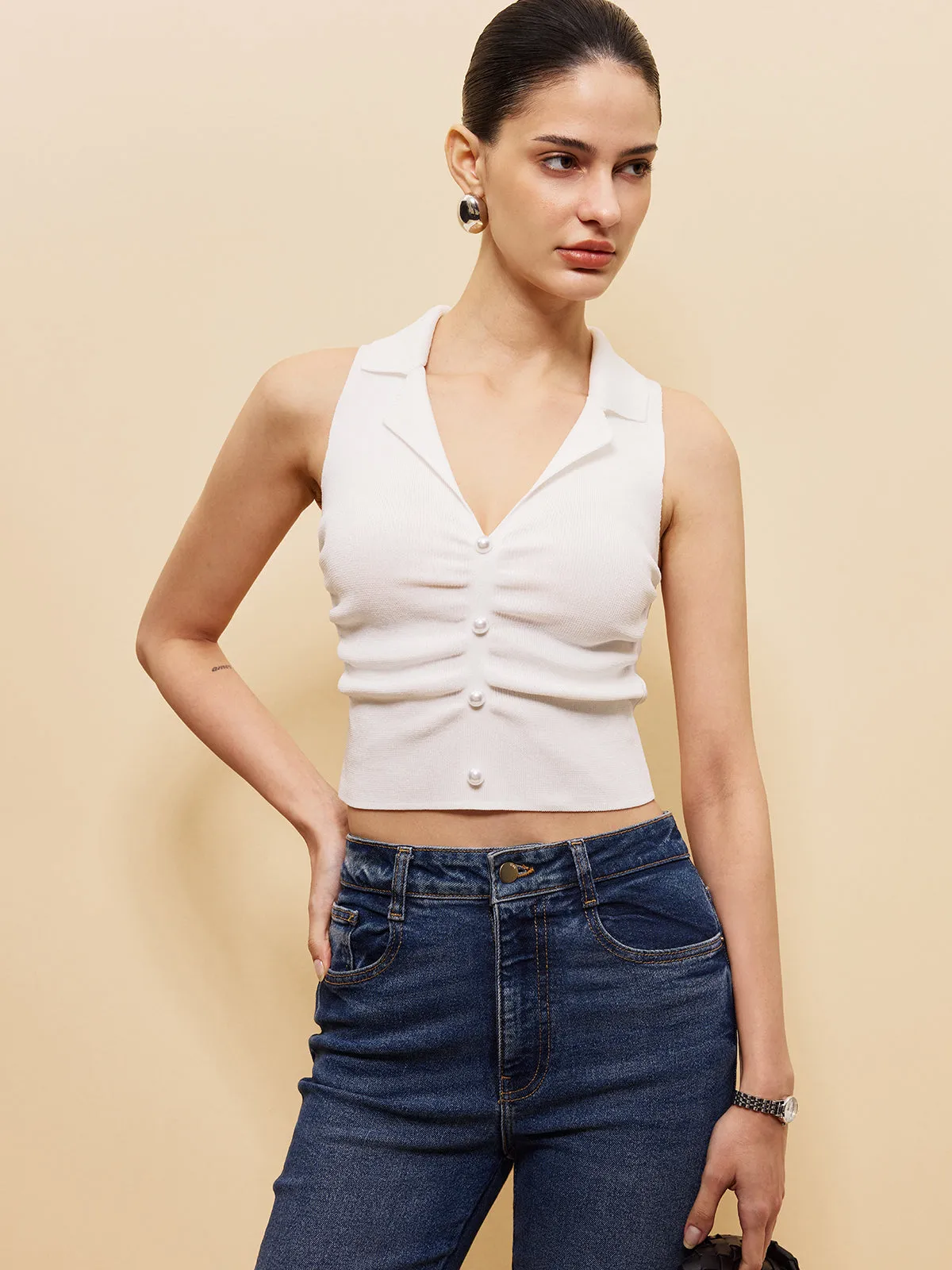 Sleeveless Button-Front Crop Sweater Vest