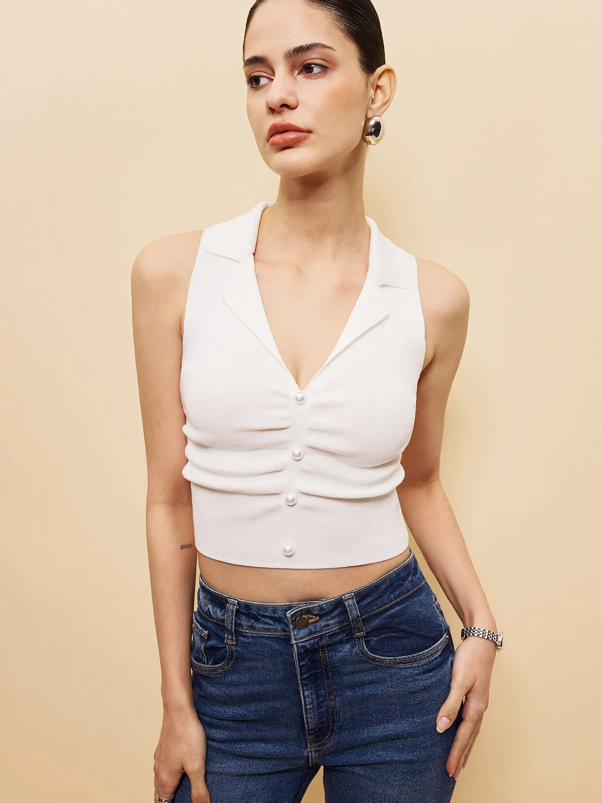 Sleeveless Button-Front Crop Sweater Vest