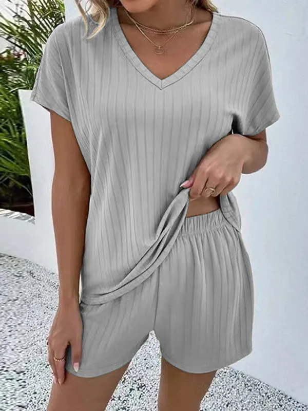 Solid Color Striped Short Sleeves T-Shirt   Elasticity Shorts Pajama Sets