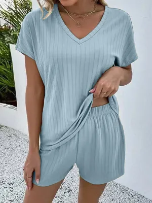 Solid Color Striped Short Sleeves T-Shirt   Elasticity Shorts Pajama Sets