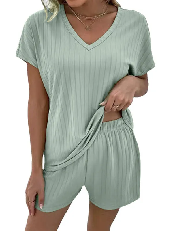 Solid Color Striped Short Sleeves T-Shirt   Elasticity Shorts Pajama Sets