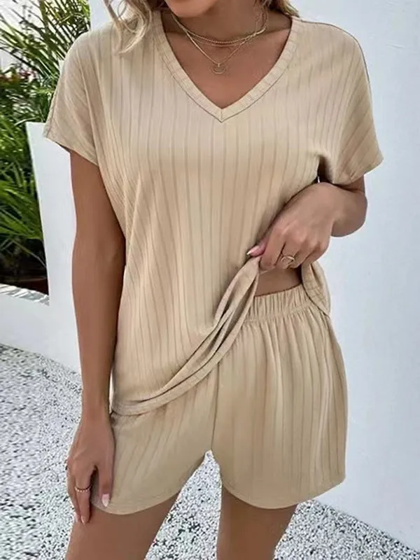 Solid Color Striped Short Sleeves T-Shirt   Elasticity Shorts Pajama Sets