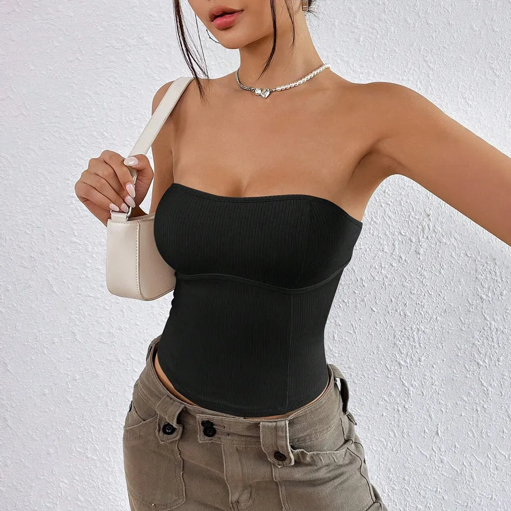 Spring and Summer Hot Girl Sexy Knitted Slim-Fitting Strapless Tops, Sleeveless Tops C-240731-L1