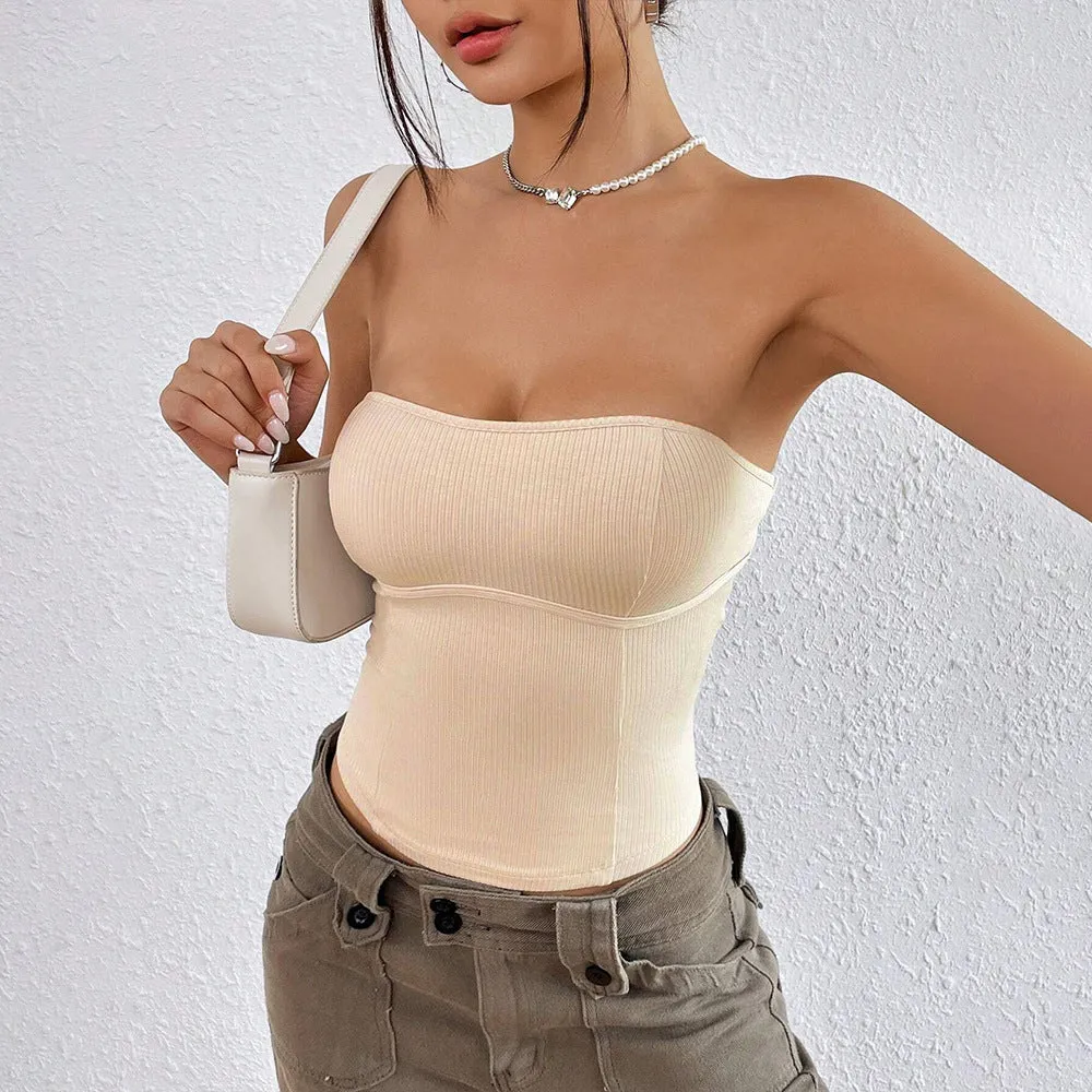Spring and Summer Hot Girl Sexy Knitted Slim-Fitting Strapless Tops, Sleeveless Tops C-240731-L1