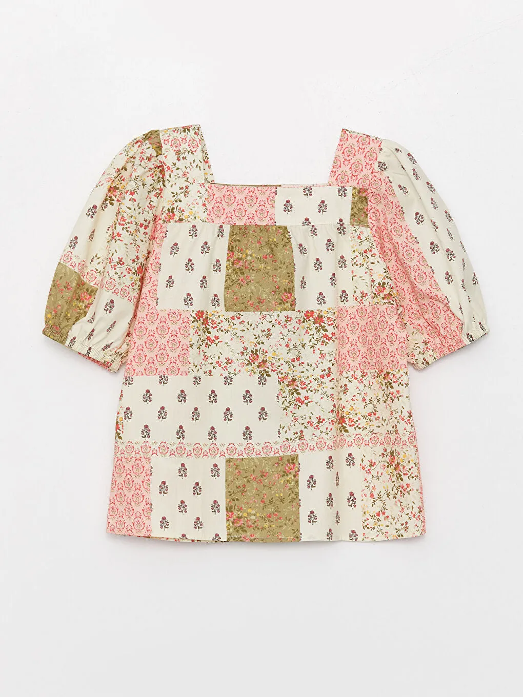 Square Collar Patterned Short Sleeve Girls Blouse