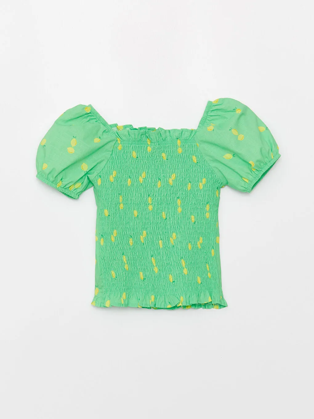 Square Collar Patterned Short Sleeve Girls Blouse