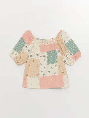 Square Collar Patterned Short Sleeve Girls T-Shirt
