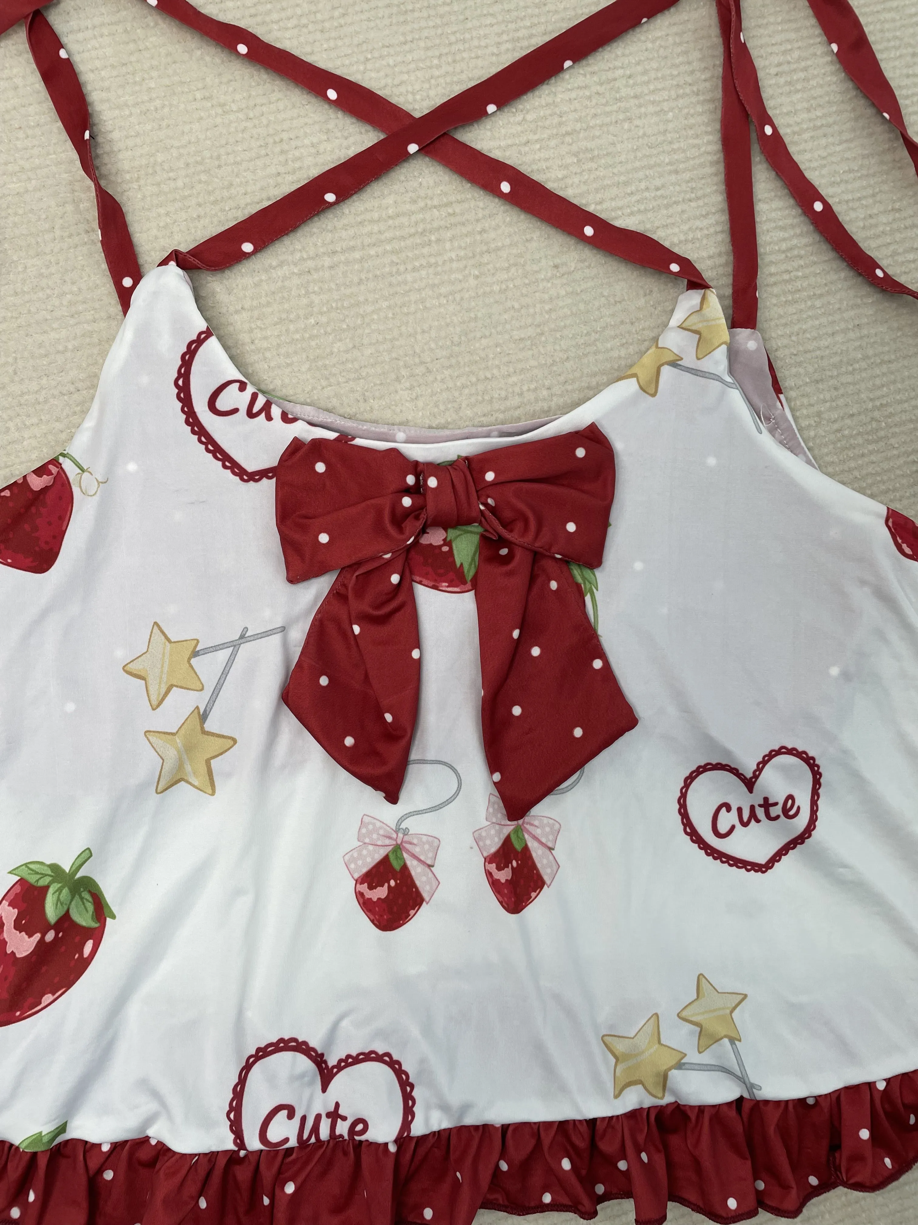 Strawberry Ruffle Two-Piece Loungewear Set with Built-in Shorts – Cute Summer Home Outfit