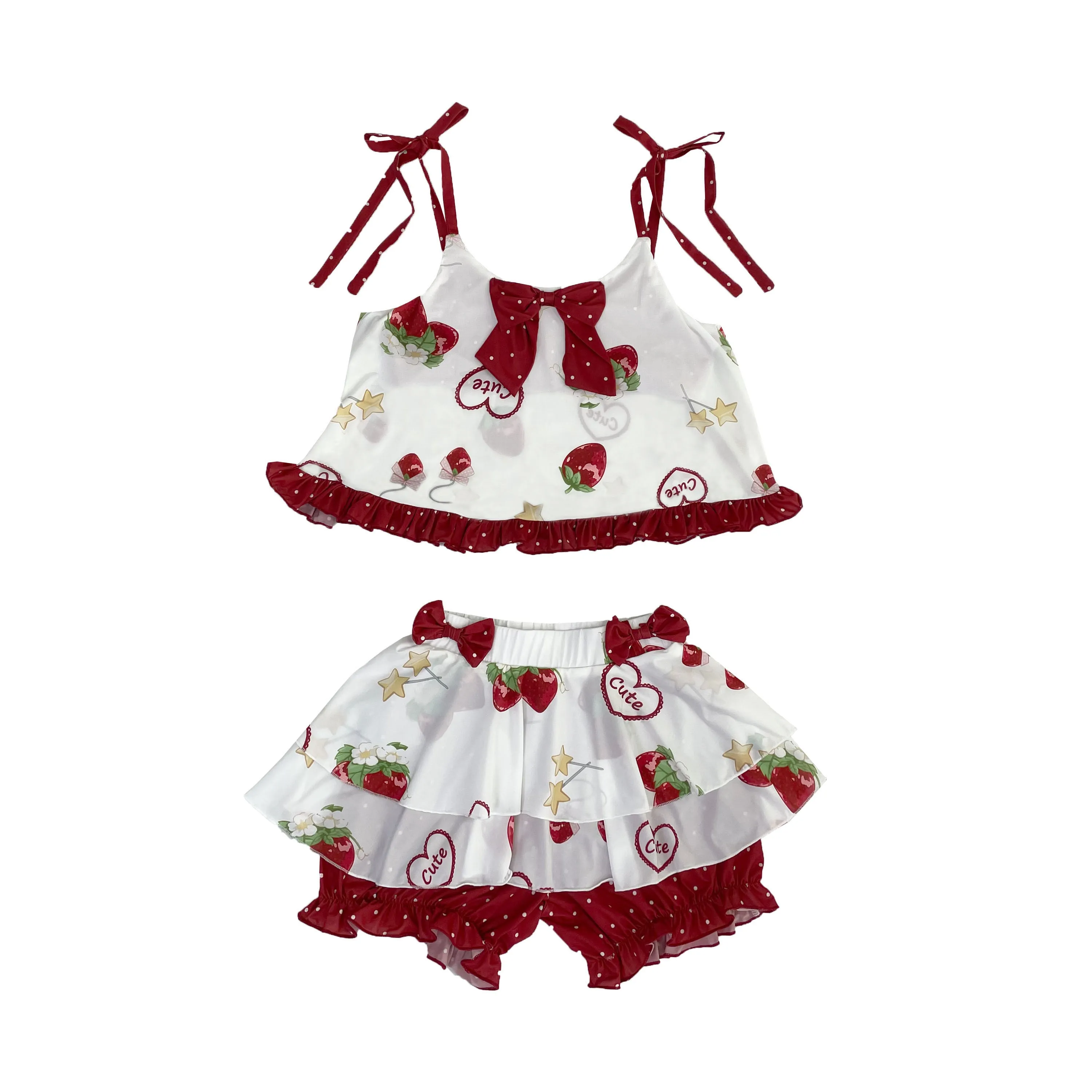 Strawberry Ruffle Two-Piece Loungewear Set with Built-in Shorts – Cute Summer Home Outfit
