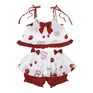 Strawberry Ruffle Two-Piece Loungewear Set with Built-in Shorts – Cute Summer Home Outfit