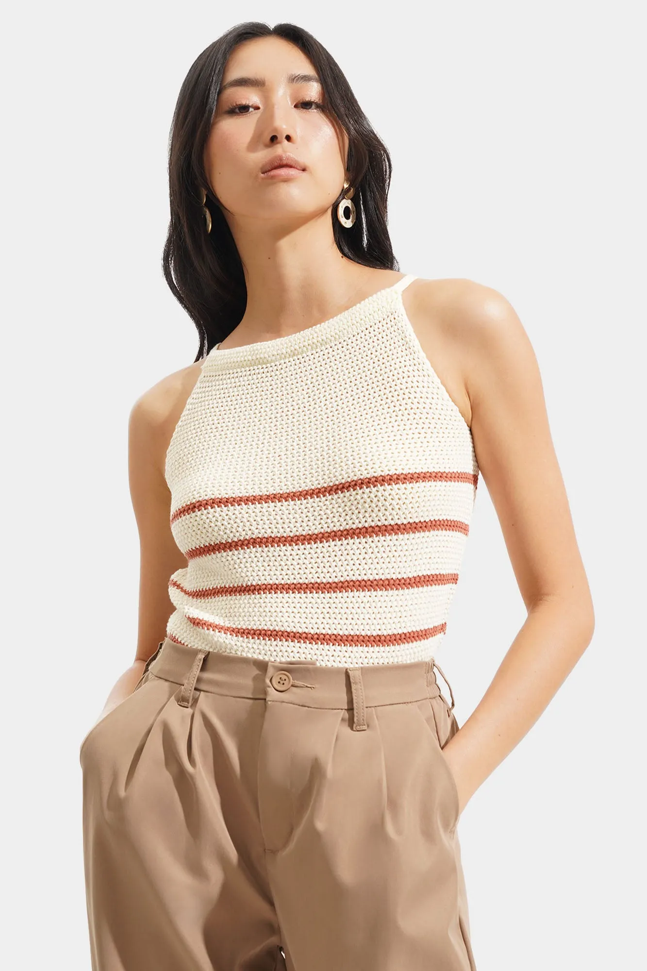 Striped Crochet Halter Tee