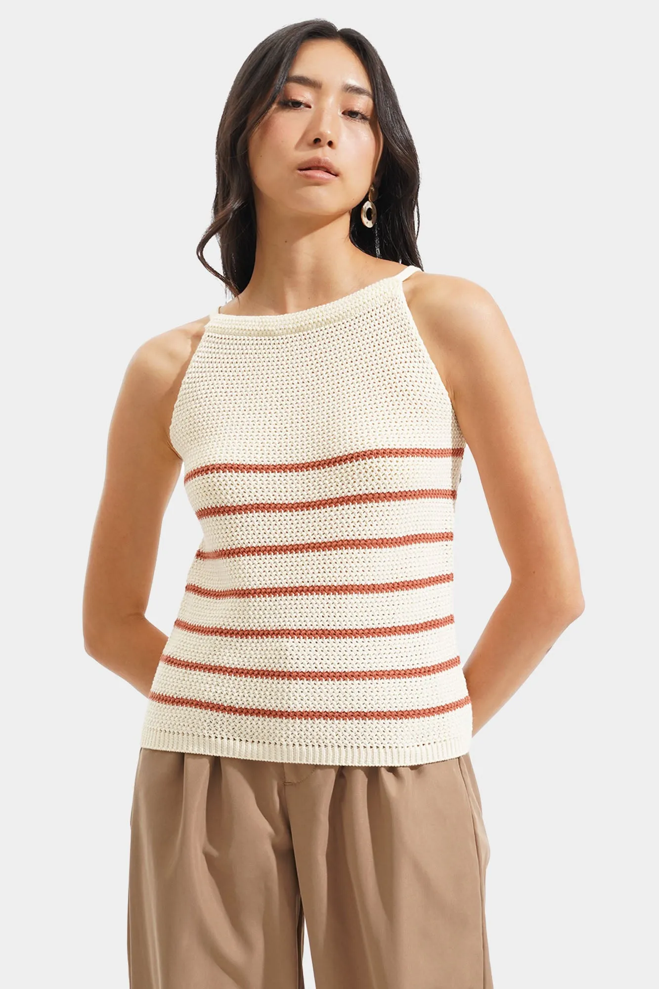 Striped Crochet Halter Tee