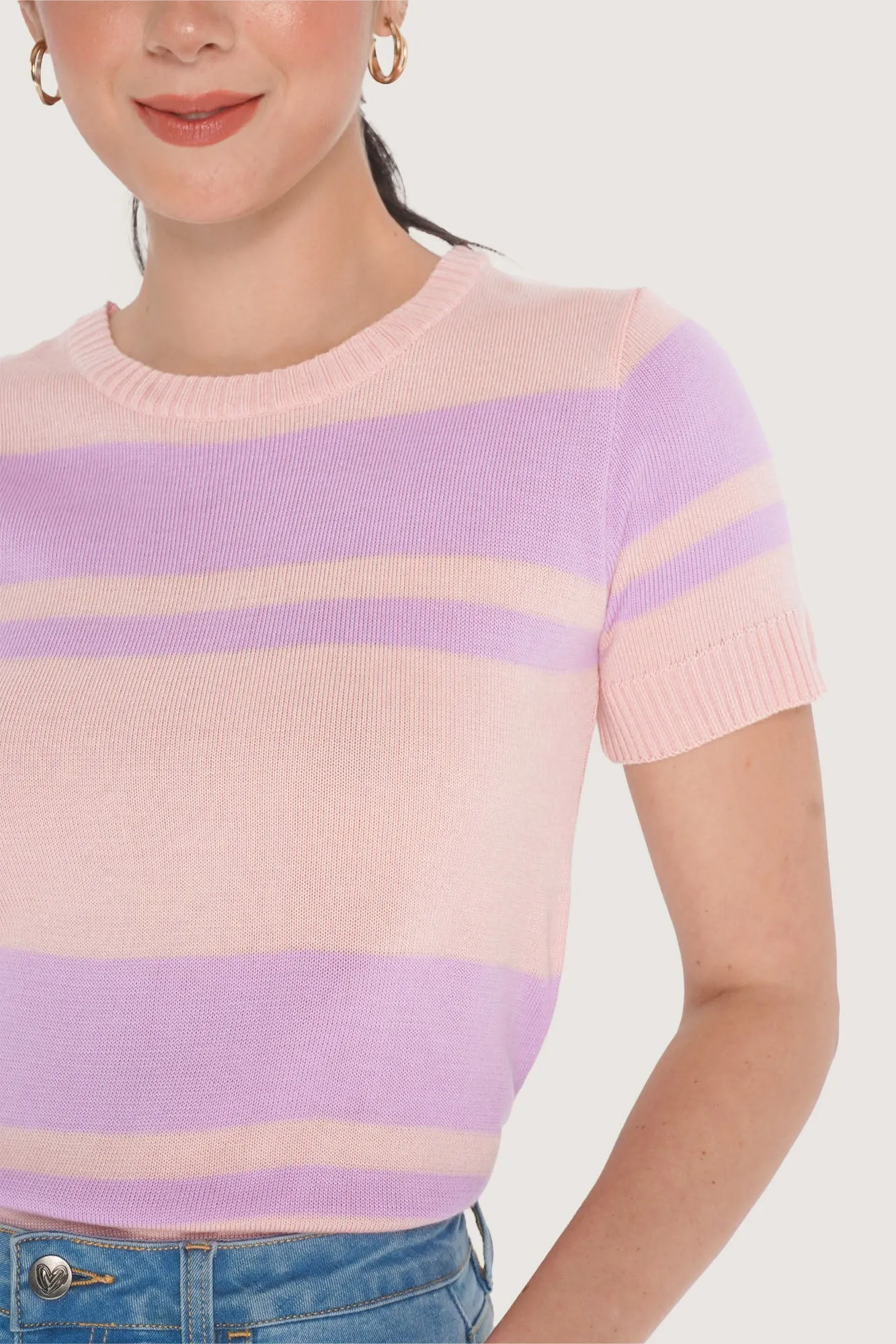 Striped Flat Knit Tee with Back Button Detail