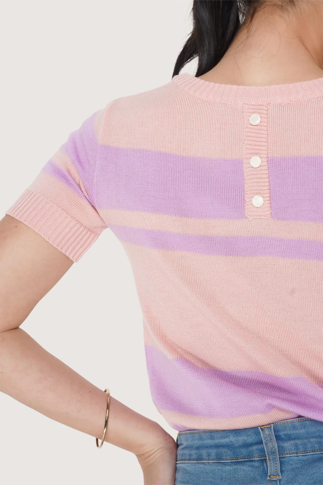 Striped Flat Knit Tee with Back Button Detail