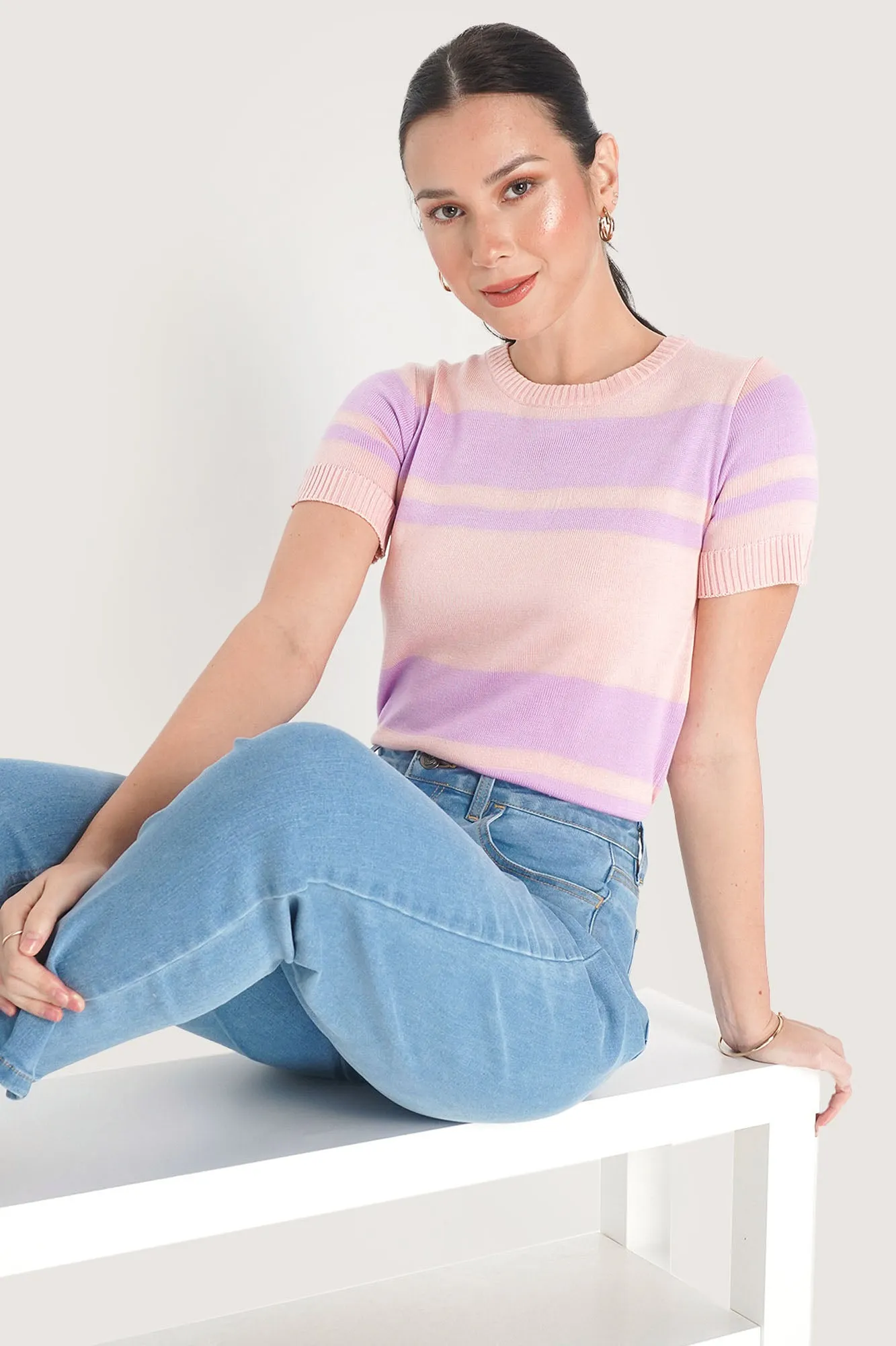 Striped Flat Knit Tee with Back Button Detail