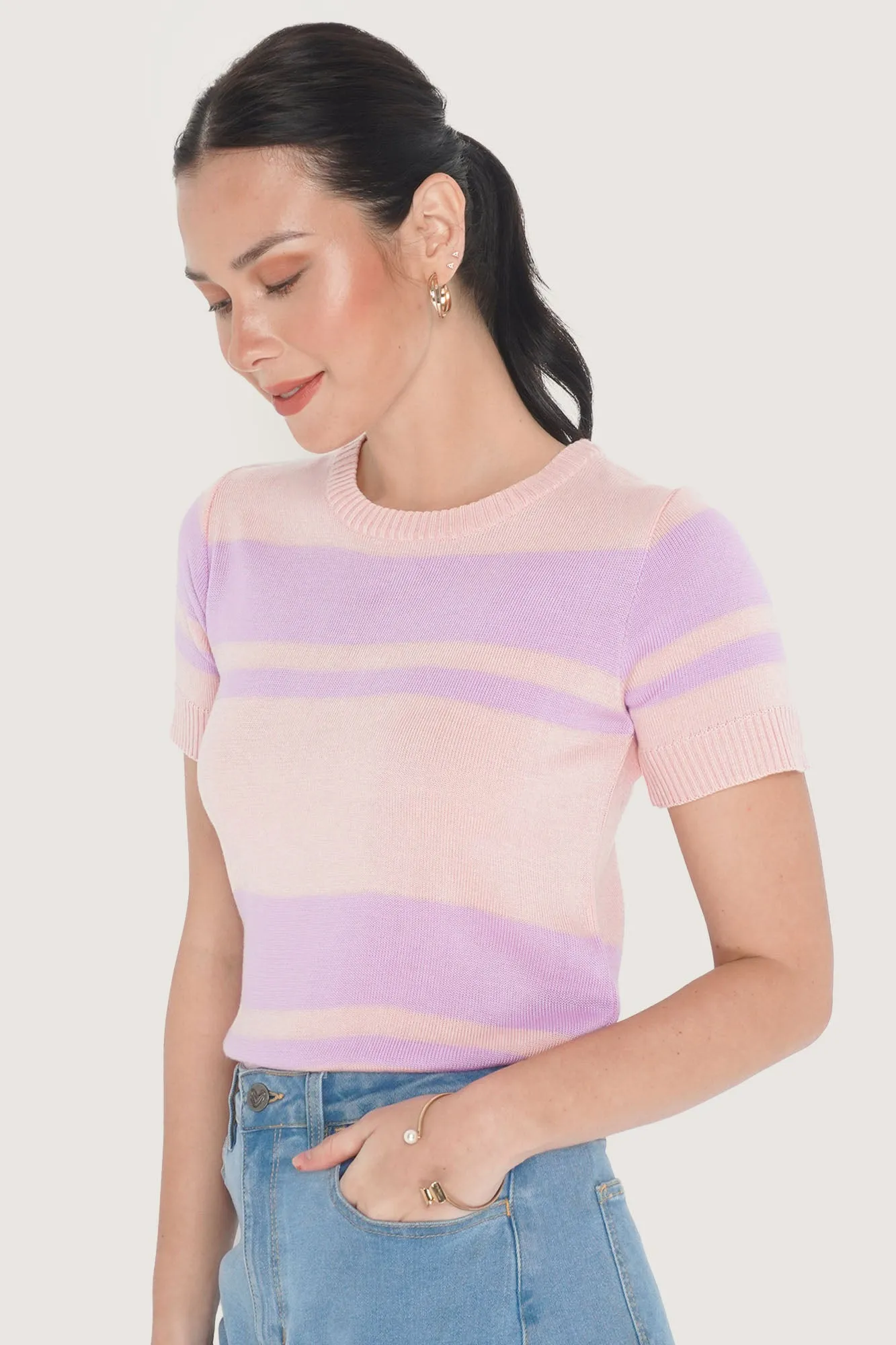 Striped Flat Knit Tee with Back Button Detail