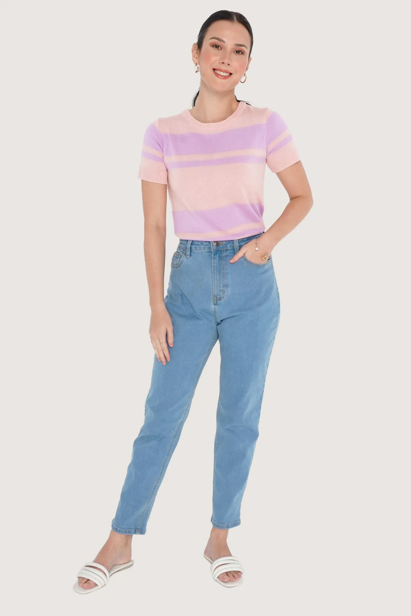 Striped Flat Knit Tee with Back Button Detail