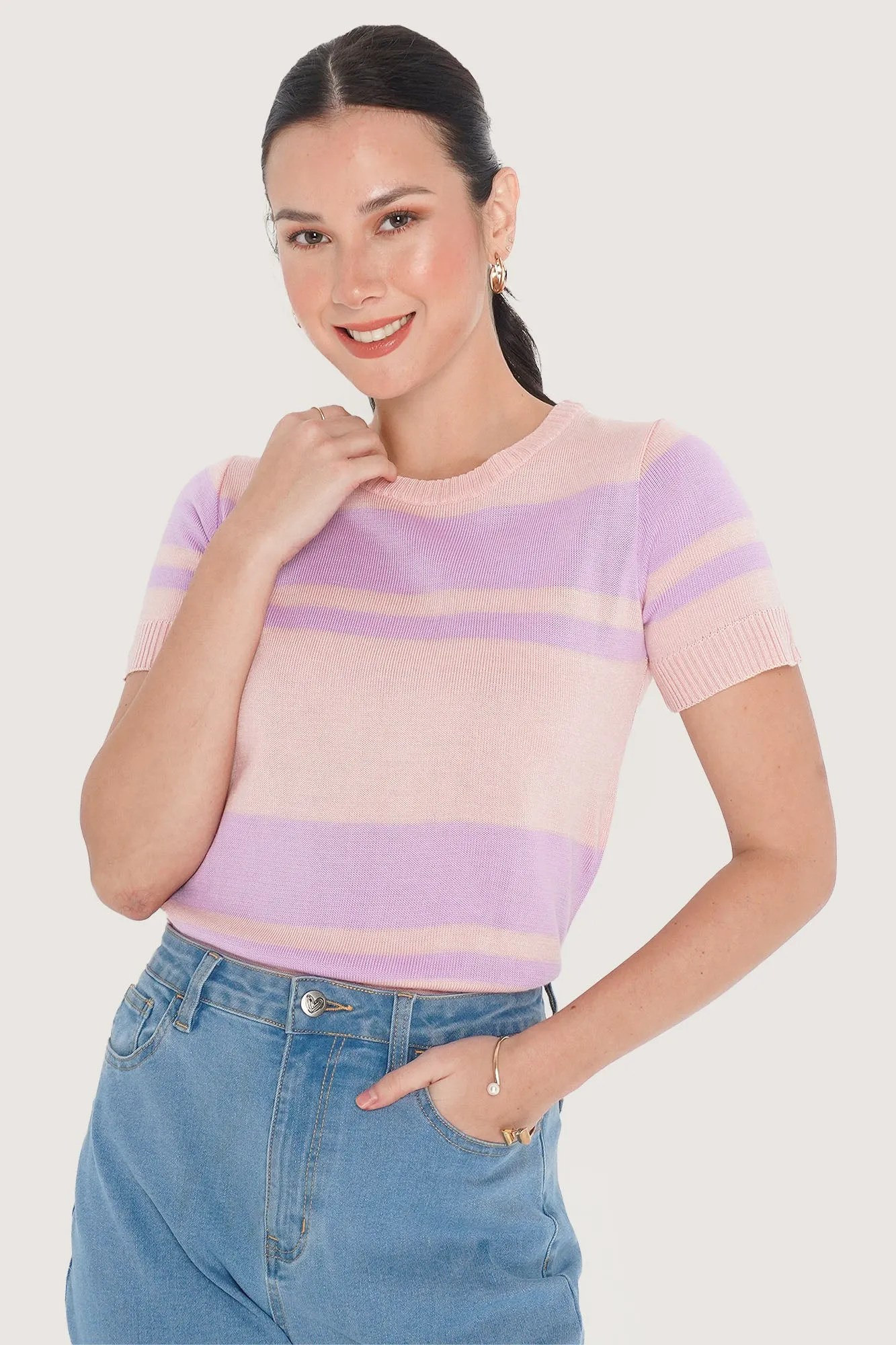 Striped Flat Knit Tee with Back Button Detail