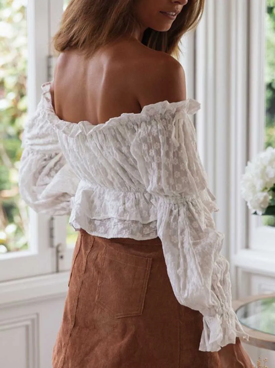 Stunncal Sexy Slim Cotton Embroidery One Shoulder Long Sleeve Shirt