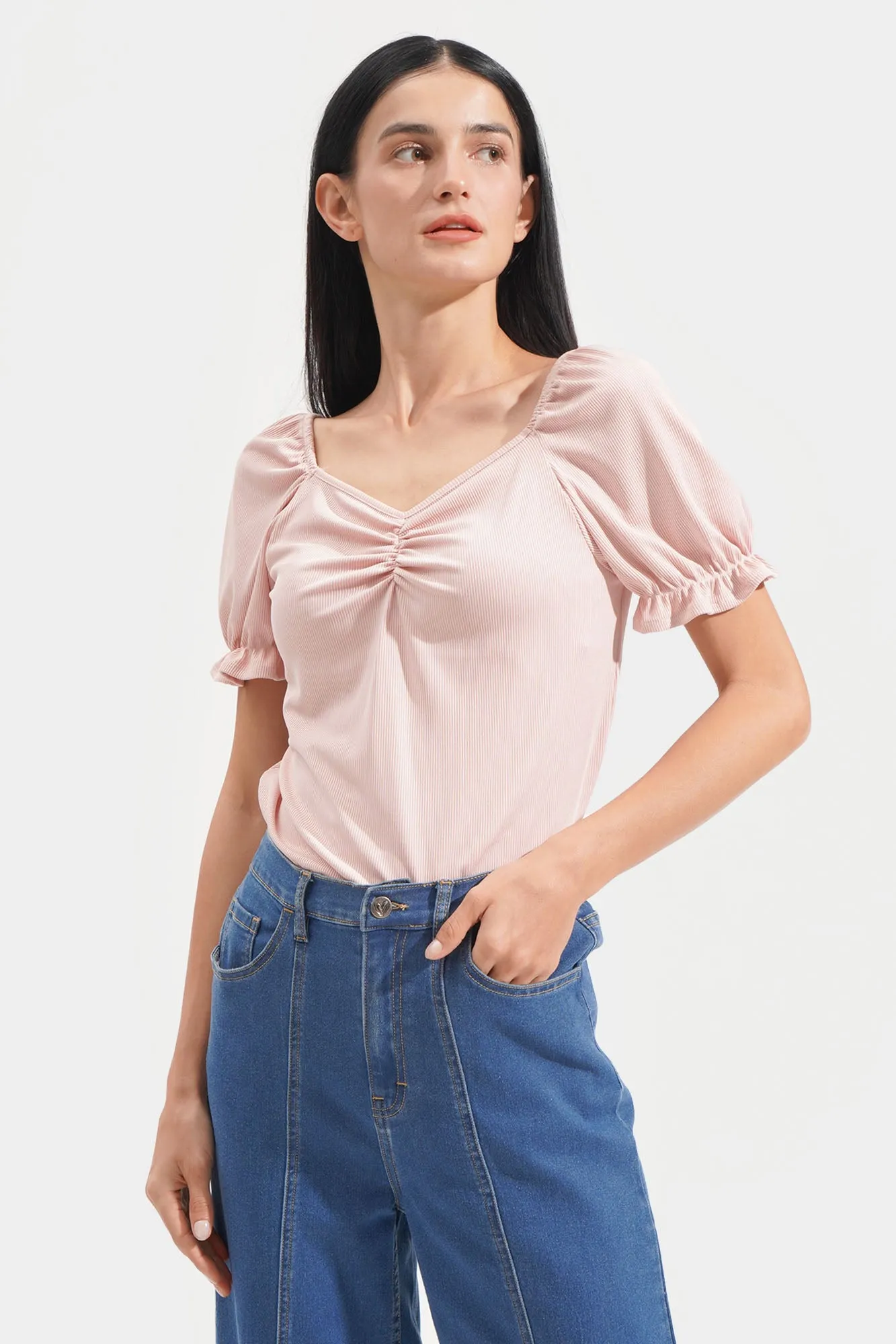 Sweetheart Neckline Puff Sleeve Tee