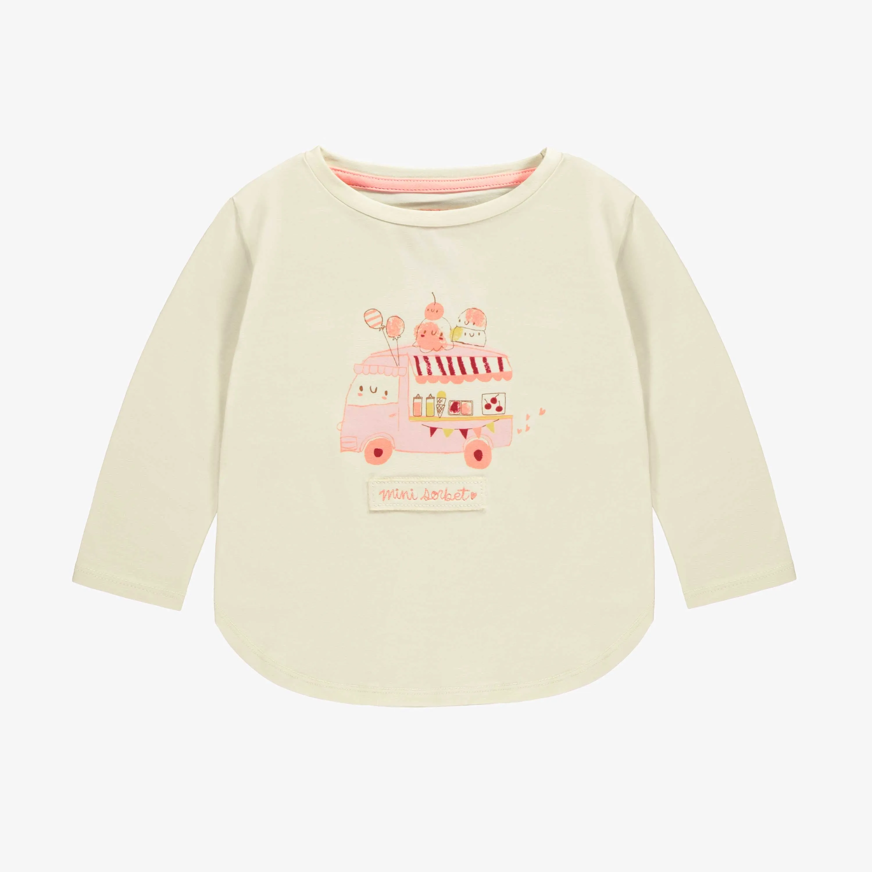 T-shirt manches longues crème à motif en coton extensible, bébé ||Cream long-sleeved stretch cotton T-shirt, baby