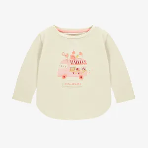 T-shirt manches longues crème à motif en coton extensible, bébé ||Cream long-sleeved stretch cotton T-shirt, baby