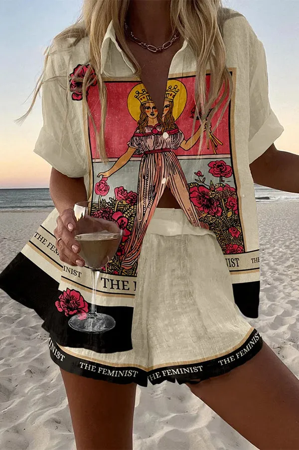 Tarot Print Loose Button Elastic Waist Shorts Set
