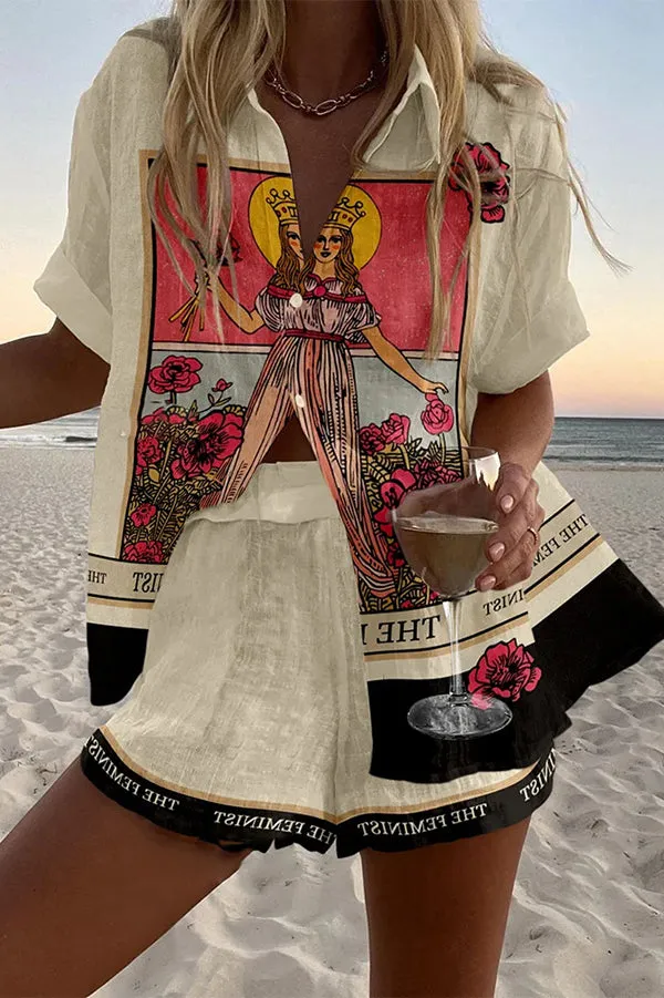 Tarot Print Loose Button Elastic Waist Shorts Set