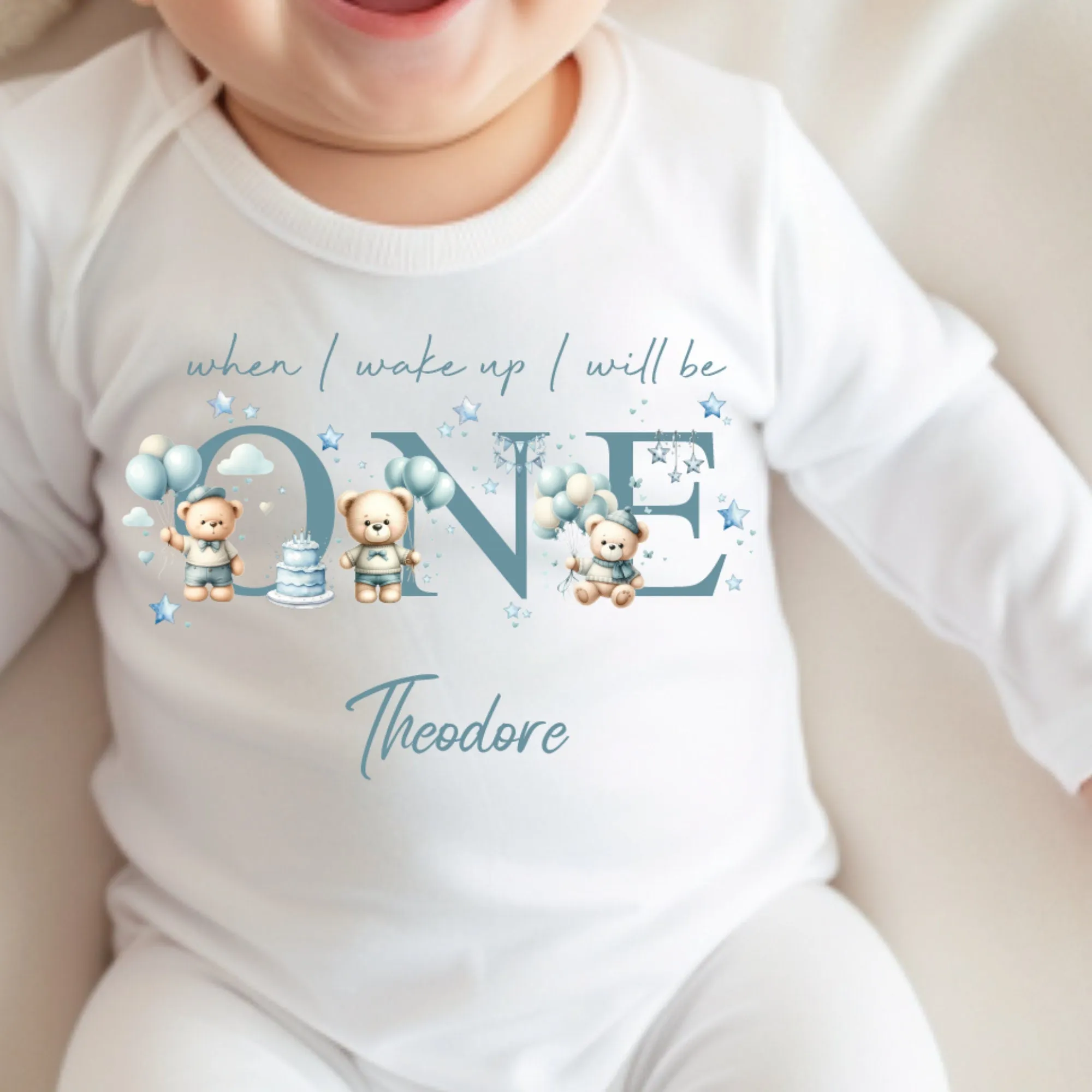 Teddy Bear Balloons Birthday sleepsuit,  Boys vest, When I wake up I’ll be One Gift, 1st Birthday, My First Birthday Romper, Baby Outfit