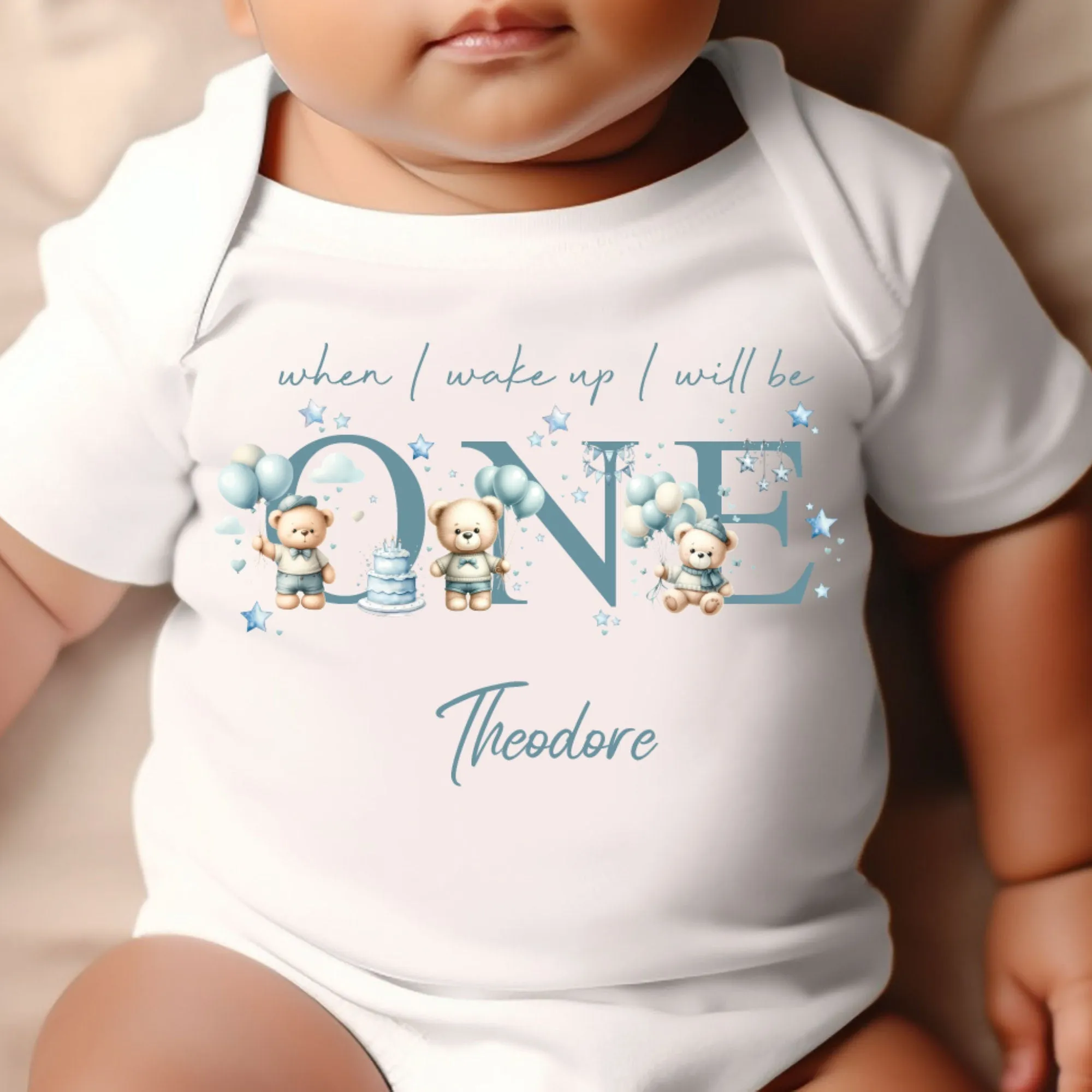 Teddy Bear Balloons Birthday sleepsuit,  Boys vest, When I wake up I’ll be One Gift, 1st Birthday, My First Birthday Romper, Baby Outfit