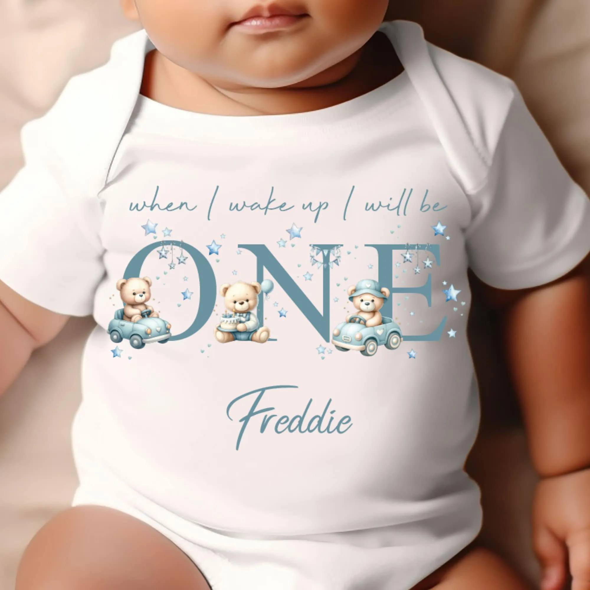 Teddy Bear Cute Cars Birthday sleepsuit,  Boys vest, When I wake up I’ll be One Gift, 1st Birthday, My First Birthday Romper, Baby Outfit