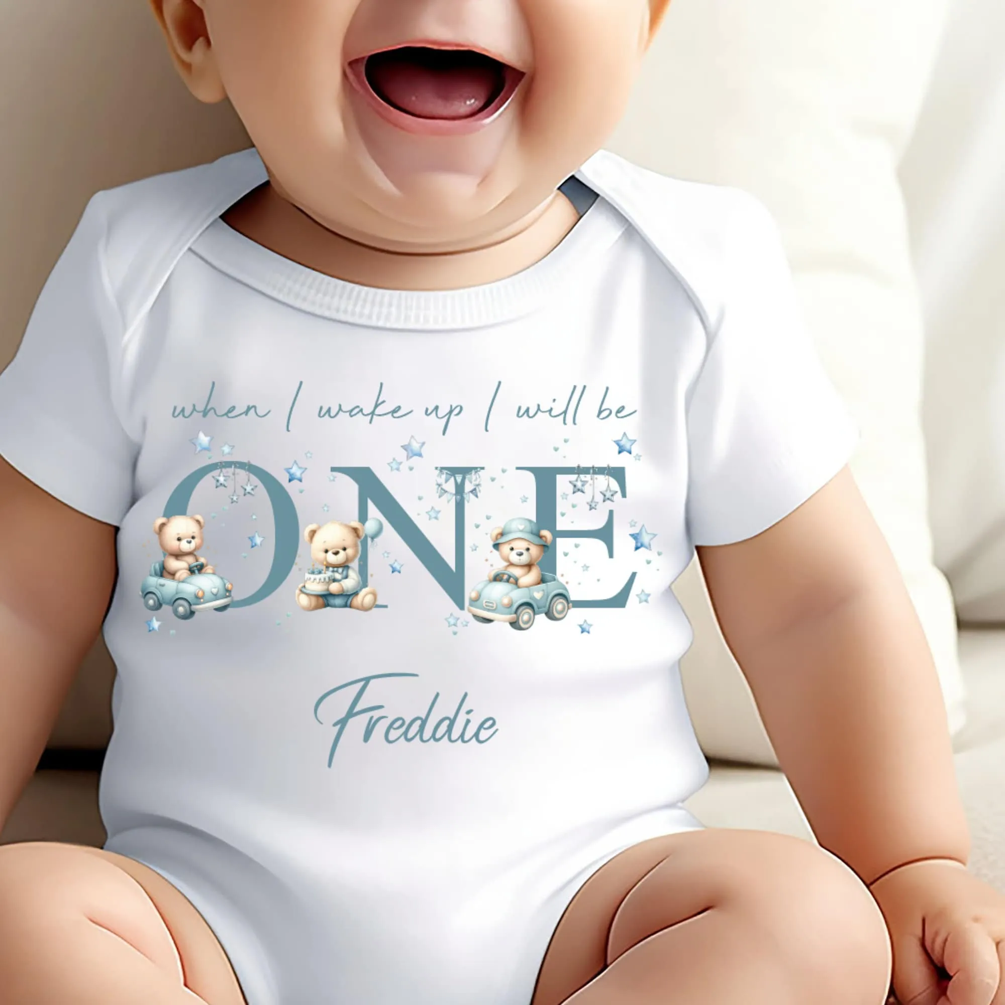 Teddy Bear Cute Cars Birthday sleepsuit,  Boys vest, When I wake up I’ll be One Gift, 1st Birthday, My First Birthday Romper, Baby Outfit