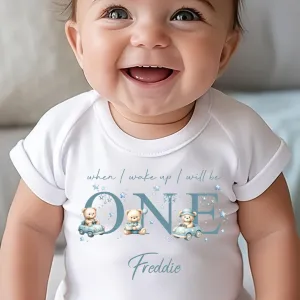 Teddy Bear Cute Cars Birthday sleepsuit,  Boys vest, When I wake up I’ll be One Gift, 1st Birthday, My First Birthday Romper, Baby Outfit