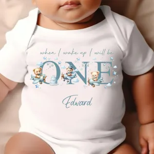 Teddy Bear Cute Plane Birthday sleepsuit,  Boys vest, When I wake up I’ll be One Gift, 1st Birthday, My First Birthday Romper, Baby Outfit