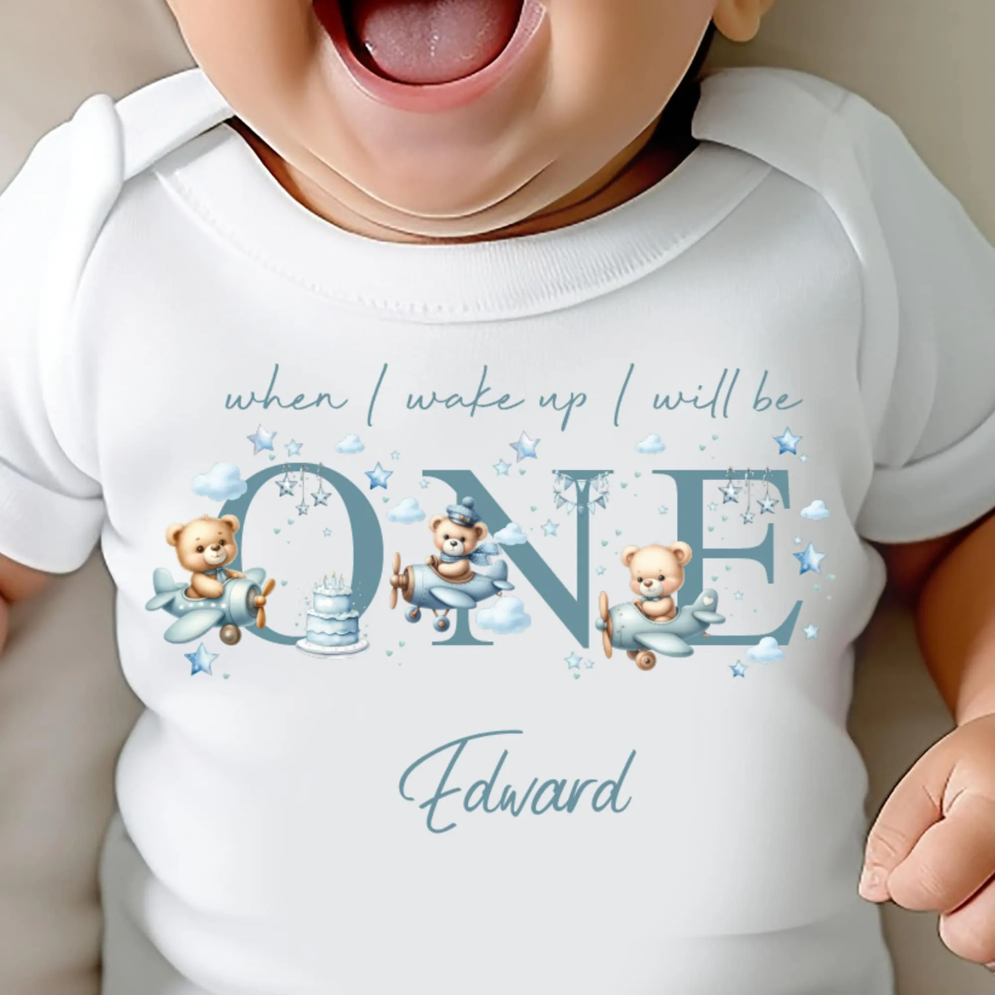 Teddy Bear Cute Plane Birthday sleepsuit,  Boys vest, When I wake up I’ll be One Gift, 1st Birthday, My First Birthday Romper, Baby Outfit